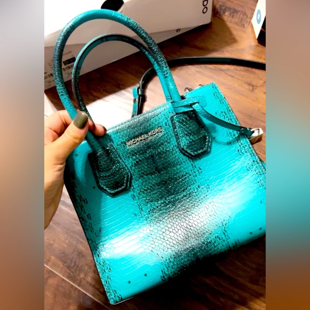 {Michael Kors} Studio Mercer medium Tote Tile Blue Leather Bag Handbag